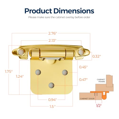 Image of Ravinte 4 Pack (2 Pairs) 1 /2 inch Overlay Cabinet Hinges, Self-Closing Semi-Concealed Face Mount, Satin Brass Decorative Hardware with Door Bumpers for Kitchen & Cupboard Doors, Gold