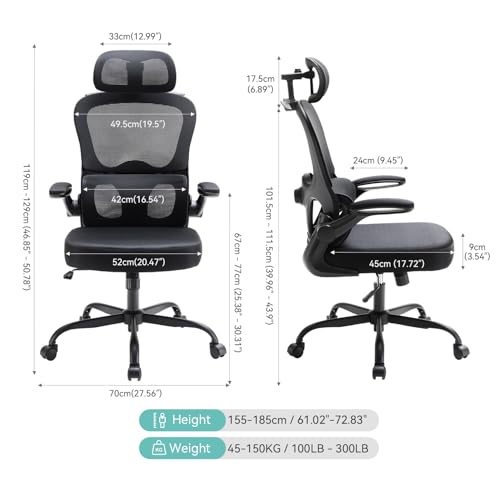 N56 Ergonomic Office Chair - Dual Backrest Design, Adjustable Lumbar Support, Thick Padded Seat, Flip-Up Armrests, Tilt Function - Ideal for Home Office, Gaming & Conference, Black - Image 3