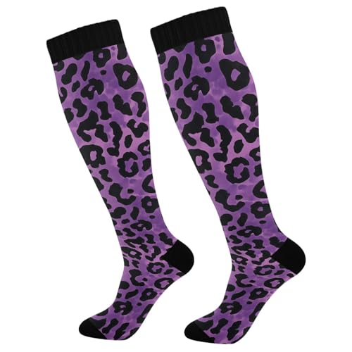 MFTJYO Leopard Purple Print Pattern Compression Socks for Women Men Circulation Long Knee High Socks for Athletic Sports Running
