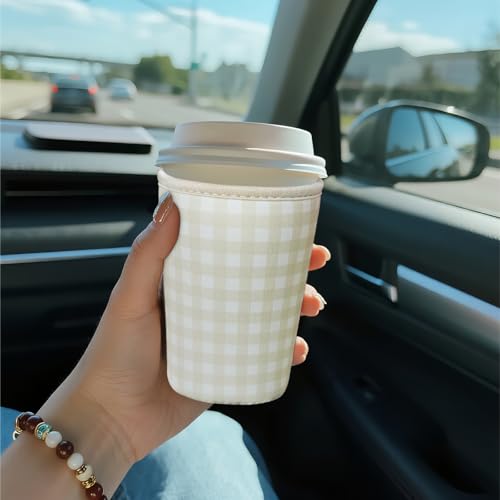 Image of Reusable Insulated Sleeve for Iced Coffee Cup, Coffee Neoprene Sleeve for Cold & Hot Drinks, Beverage Holder for Iced Coffee (Beige Gingham, Small: 16-18oz)