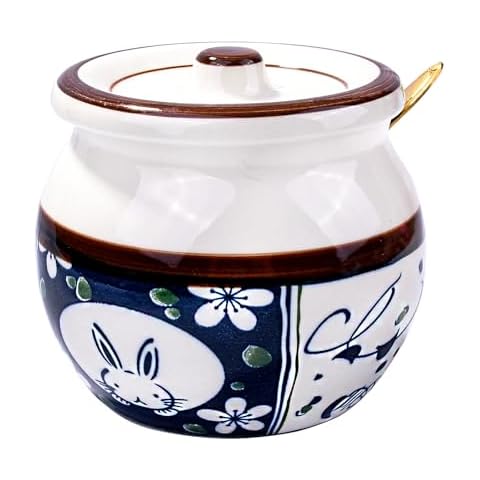 Cerficer Ceramic Sugar Bowl with Spoon Porcelain Seasoning Sugar Bowl Dispenser Bowl with Lid and Spoon,Kitchen Decor and Accessories Cover