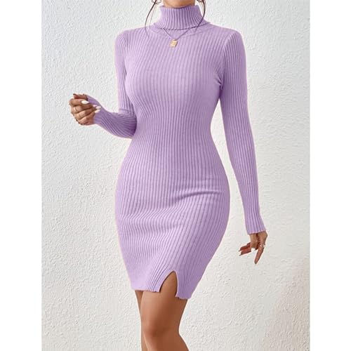 Image of GLARE & BLAIR Solid Turtle Neck Regular Fit Casual Ribbed Knit Long Sleeve Bodycon Dress for Women