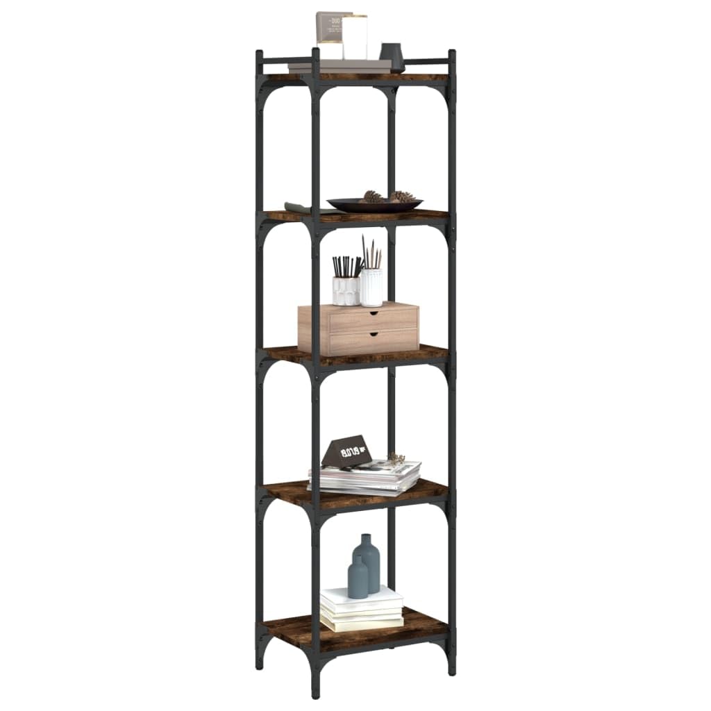 Librería de 5 baldas de roble ahumado, 40 x 30 x 154 cm, material de madera, estructura de metal, estantería estrecha con patas ajustables para salón, cocina, balcón