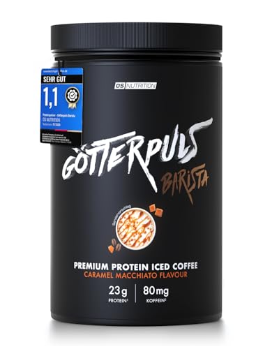 OS NUTRITION Götterpuls Barista Protein Iced Coffee – 23g Eiweiß & 80mg Koffein – Mit echtem Kaffee-Extrakt – Whey Protein Isolat & Konzentrat – 600g Pulver (20 Portionen), Caramel Macchiato