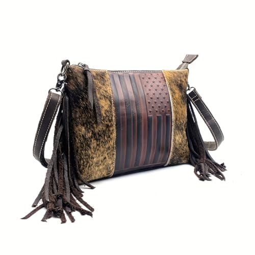Western American Flag Embossed Women Shoulder Bags Vintage Horsehair Tassels Handbag Cowhide Leather Purse3