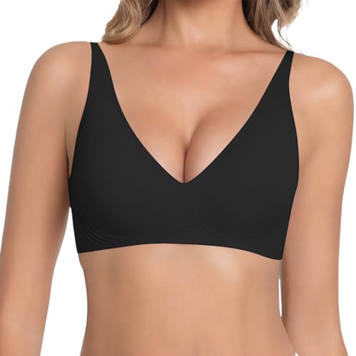 Cexiakong Sujetador push up profundo en V para mujer, sin aros, cómodo sujetador para pechos grandes, sujeción fuerte, sujetador suave sin costuras, acolchado sin costuras, liso, parte superior de