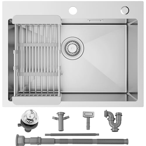 Sofetiy Fregadero de cocina de 60 x 45 cm, moderno, cuadrado, acero inoxidable SUS 304, fregadero de cocina a partir de armario bajo de 60 cm, fregadero de acero inoxidable con 2 agujeros para grifo,