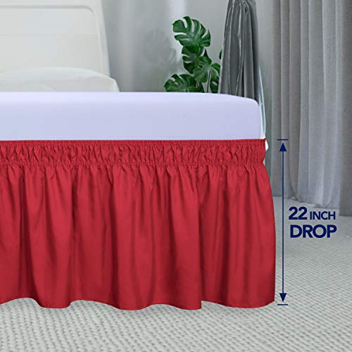 PureFit Wrap Around Ruffled Bed Skirt with Adjustable Elastic Belt - 22 Inch Drop Easy to Put On, Wrinkle Free Bedskirt Dust Ruffles, Bed Frame Cover for Twin,Twin XL and Full Size Beds, Red
