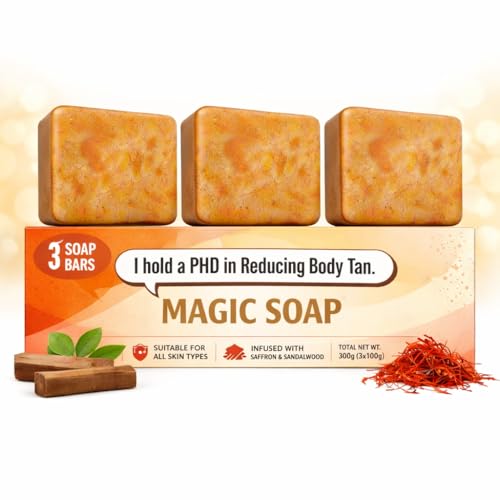 Image of Amazon Brand - Magic Soap Sandal Wood And Saffron Bath Soap - Natural & Paraben-Free, Bathing Soap Bar for Glowing, Brightening & Refreshing Skin | Deep Cleans Pores & Removes Dirt - 300 g (Pack of 3)