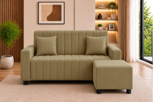 Image of Rosebell 2 Seater Sofa with Ottoman | Living Room Couch | with Cushions | Sofa for Home, Apartment & Office-Golden Color