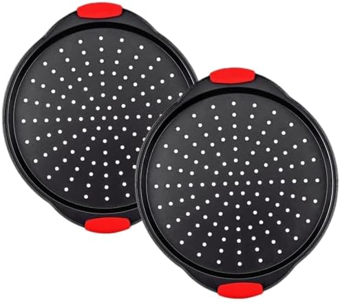 13 Inch Pizza Pan for Oven (2 Pack) Round Pizza Pan with Holes - Non-Stick Carbon Steel Pizza Tray with Silicone Handles - for Cooking, Baking, and Grilling - Dishwasher Safe