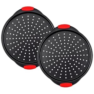 13 Inch Pizza Pan for Oven (2 Pack) Round Pizza Pan with Holes – Non-Stick Carbon Steel Pizza Tray with Silicone Handles – for Cooking, Baking, and Grilling – Dishwasher Safe
