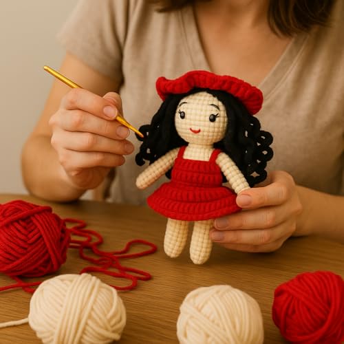 Image of Sutra Handmade Crochet Doll for Girls 3-10 Years | Amigurumi Soft Toy in Red Dress with Hat | Washable, Handcrafted Plush Doll | Perfect Birthday & Baby Shower Gift