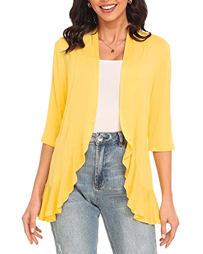 Argstar Women's Lightweight Cardigans, Open Front Casual Soft Draped Ruffles 3/4 Sleeve Yellow M