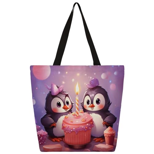 Mularoka Penguins Birthday Cake Large Capacity Canvas Tote Bag Stylish Handheld Shoulder Bag Reusable Shopping Bag for Work Travel Beach Trips Shopping