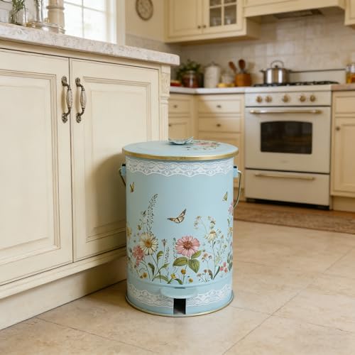Image of White Floral Metal Step Trash Can with Lid, 8L Vintage Butterfly & Wildflower Decorative Waste Basket with Handles for Bathroom, Bedroom, Kitchen, 14.57 inch x 9.84 inch