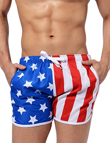 Men's Elastic Waist American Flag Swimwear Dolphin Shorts Patriotic July 4th Split Hem Drawstring Swim Trunks