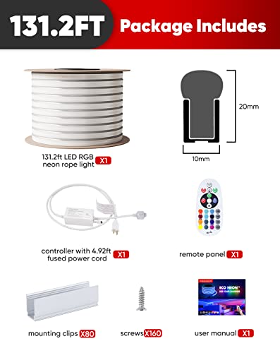 Shine Decor 131.2Ft Led Rgb Neon Rope Lights, Etl-Listed Ac 110-120V Neon Led Strip Lights Smd5050 80Led/M With Remote, Dimmable Multicolor Change Flexible Neon Rope Lighting Waterproof For In&Outdoor #TOP6