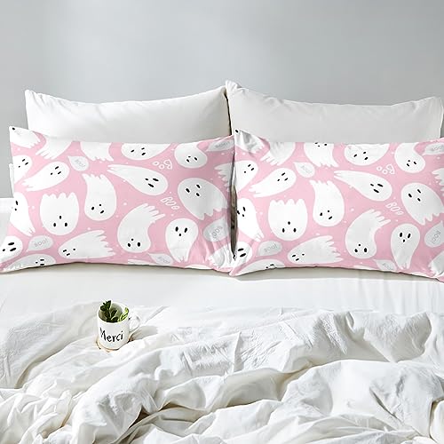 Halloween Duvet Cover Set Cartoon Ghost Bedding Set for Kids Boys Girls Kawaii Cute Comforter Cover Set Microfiber Pink Bedspread Cover Bedroom Bedclothes Single - Image 4