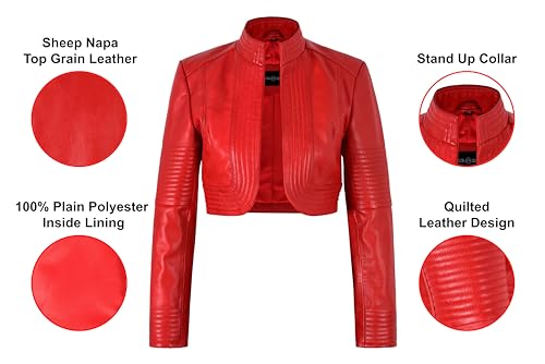 Ladies Elegant Look Real Leather Red Cropped Shrug Bolero Slim-Fit Jacket Ashley 91813