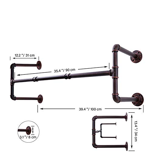 Hoolink Clothes Rack,39.4'' Wall Mounted Garment Rack Pipe Clothing Rack Industrial Laundry Rack Heavy Duty Garment Bar Space-Saving Hanging Clothes Rack 4 Base(Bronze) #TOP1