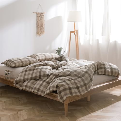 Image of VM VOUGEMARKET King Duvet Cover Set Beige Grey Plaid Bedding Set Soft Breathable 3 Layers Muslin Cotton Linen Like Gauze Comforter Cover with Zipper Closure-3 Pieces,104 inchx90 inch