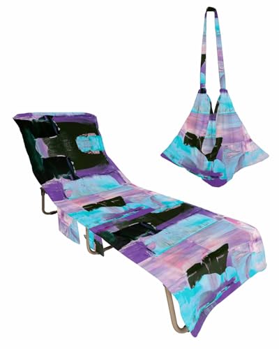 Purple Blue Black Beach Lounge Chair Towel Cover, Soft Chaise Lounge Towel with Side Pockets Patio Pool Chairs Cover for Beach/Pool Sunbathing 29x85 Abstract Art Modern Geometric