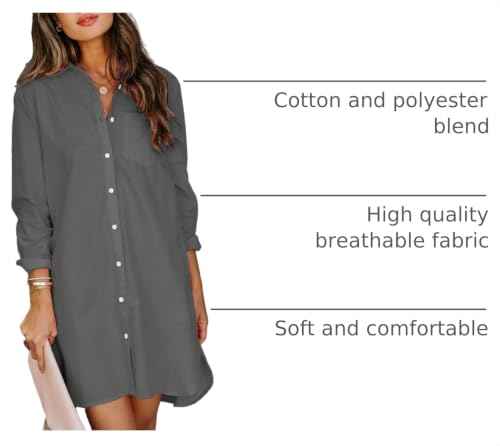 Image of Aoudery Womens Button Down Shirt Dresses with Pockets Cotton Button Up Tunics Long Sleeve Solid High Low Blouse Tops