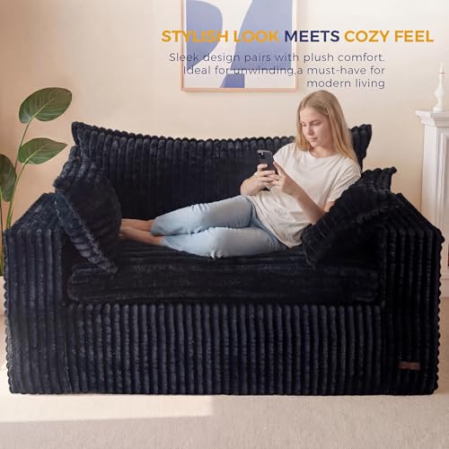Image of MAXYOYO 59 inch Bean Bag Sofa Couch, Loveseat Boneless Couch in a Box, Upholstered Small Mini Sofa with Deep Seating for Living Room Bedroom Office Apartment, No Assembly, Black