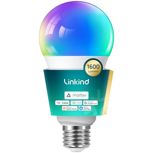 Lighting Linkind Matter Smart Light Bulb,1600LM 100W Smart Bulbs Work with Alexa/Apple Home/Google Home/SmartThings, RGBTW LED Color Changing Bulbs Music Sync, 2.4GHz Wi-Fi Light Bulbs LED 11W, A21 E26, 1Pack Official SmartThings Catalog Lighting Linkind Matter Smart Light Bulb,1600LM 100W Smart Bulbs Work with Alexa/Apple Home/Google Home/SmartThings, RGBTW LED Color Changing Bulbs Music Sync, 2.4GHz Wi-Fi Light Bulbs LED 11W, A21 E26, 1Pack Official SmartThings Catalog
