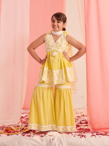 Pspeaches Girl's Cotton Sharara Set (Sha-Limewtnet-12-13Y_Lime