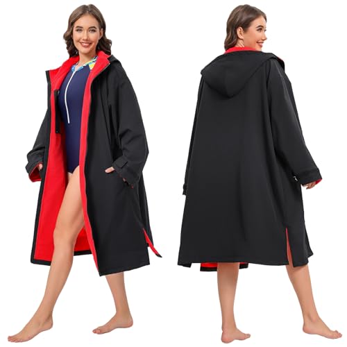 DEHAI Swim Jacket Parka for Women Men Youth Waterproof Surf Poncho Robe Oversized Warm Swimming Coat