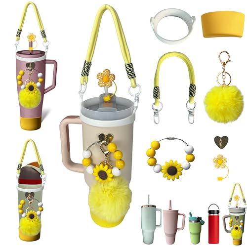 Cute Sunflower Charms Straw Cover Lid Set With Strap Carrier For Stanley Cup 20/30/40 oz Accessories For Owala/BrüMate Era 24/32/40 Oz Water Bottle Holder Yellow