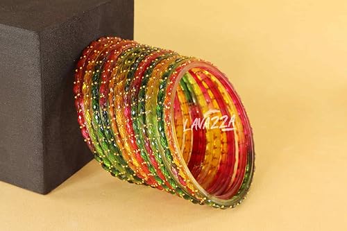 Image of LAVAZZA Raindrop Glass Bangles Set For Women & Girls with Zircon Diamond Stone & Beads | Trendy Transparent Crystal Glass Bangles | Fancy Kanch ki Chudi Set | Bangles for Wedding, Party- Set of 12