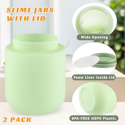 2 Pack 16 OZ Plastic Jars Round Cosmetic Container with Lids,Wide Mouth Soft Slime Jars for Lotion,Hand Cream,Ointment,Makeup,Body Butter,Rhinestone,Leak Proof Make Up Storage Jar-Green2