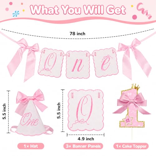 Image of 3Pcs Pink Bow First Birthday Decorations Highchair Banner for Girl,1st Birthday High Chair Garland,Cake Topper & Hat for One Year Old Birthdays Party Decoration,Baby Shower,Princess Fairy Photo Props