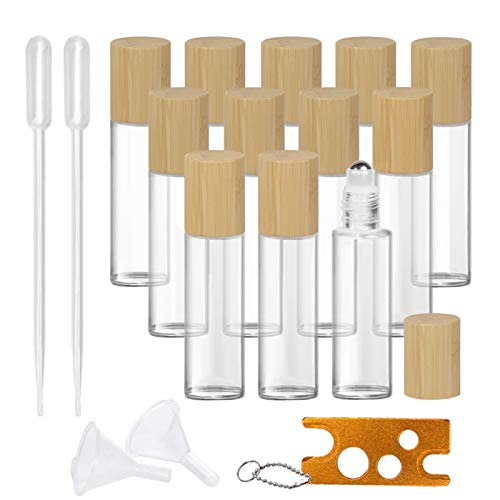 12Pcs 15ml Glass Roll On Bottle with Bamboo Lid for Essential Oils, Creatiee Eco-friendly Refillable Clear Perfume Sample Bottles with Stainless Steel Roller Ball - Portable & Practical