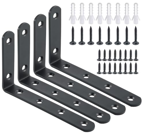 Winkel Regal, 4 Stück Regalwinkel Schwerlast, Metall Regalhalterung mit Schraube für Wandhalterung Regal, Eckregal, Hölzern Möbel (Schwarz 125x75mm)