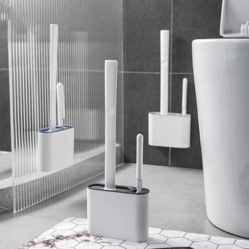 Image of VEZPAX Toilet Bowl Brush with Holder - Wall Mounted Silicone Flat Toilet Cleaner | Long Handle Bathroom Scrubber Tool(2 in 1 (2 Brush))