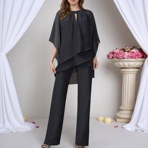 Women's Dressy Casual 2 Piece Outfits Pant Suits for a Wedding 2025 Fall Trendy Irregular Chiffon Wide Leg Pant Sets2