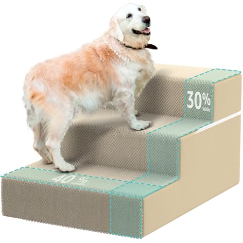Image of YENING Large Dog Stairs for High Beds - Extra Wide Pet Steps for Large Dogs to Get on Tall Bed 3 Deep Step Cat Ramp for Couch Beige