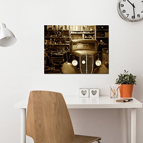 Artsbay Vintage Car Rustic Workshop Canvas Giclee Print Black And White Auto Repair Shop Picture Painting Modern Garage Retro Wall Art Decor Framed For Home Office Living Room Decoration 32"W X 24"H #TOP1