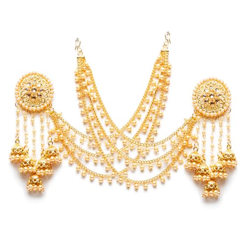 Bindhani Gold-Plated Devsena Indian Bahubali Tassel Jhumka Earrings With Hair Chain For Women2