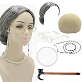 EduPlayte Disfraz Castañera Mujer, Disfraz Abuela, Peluca Abuela - Set Completo Con Peluca Gris Rizada, Gafas, Collar De Perlas & Bastón Inflable