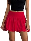 KIGRAD Women Y2k Cute Mini Bubble Skirts Pleated Ruffle Puffy Short Skirt A Line Low Waist Vintage Balloon Girls Skirts Red