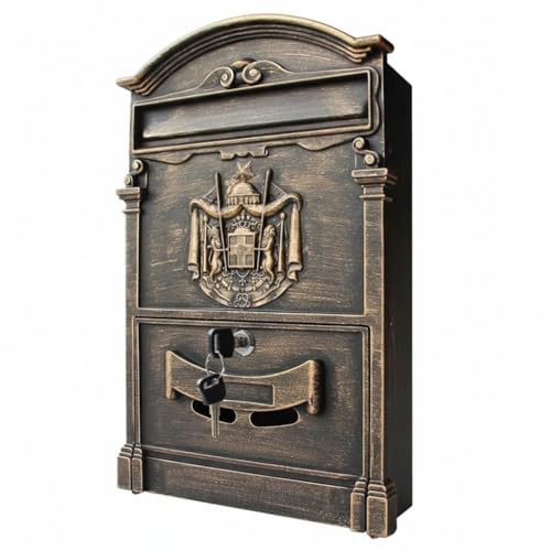 Melko Briefkasten Retro Vintage Gold mit A4 Einwurf-Format Wandbriefkasten Patina mit Namensschild und Sicherheitsschloss