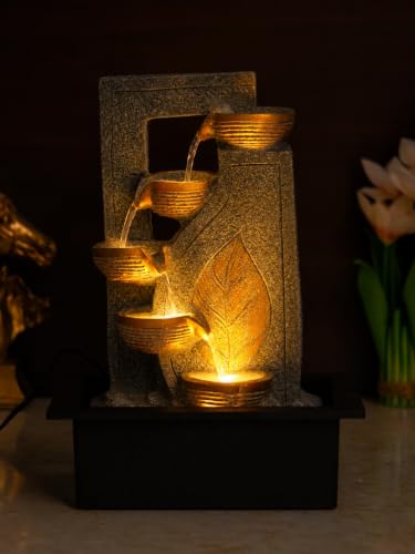 Image of CHRONIKLE Indoor Tabletop Water Fountain with Warm LED Light & Controller Pump | Golden Leaf Designer 4 Diya Step Cascade Polyresin Waterfall Fountain for Home, Meditation Decor | Grey | 40x29.5x22 CM