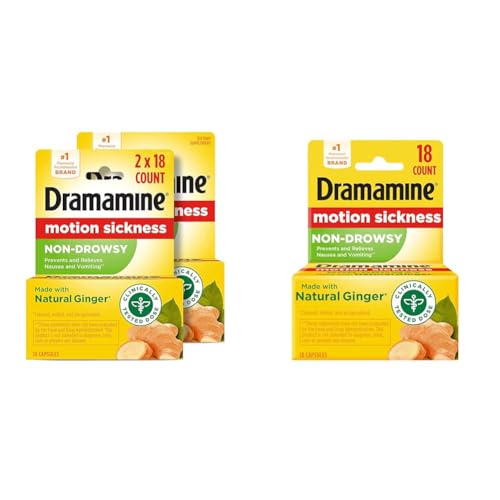 Image of Dramamine Motion Sickness Relief Non-Drowsy Ginger Capsules, 18 Count, 2 Pack and 18 Count