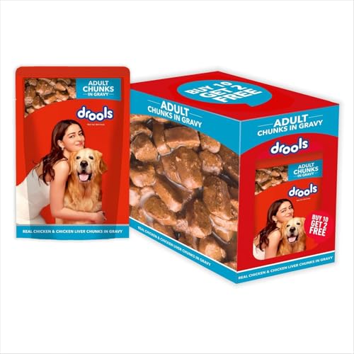 Image of Drools Adult Wet Dog Food (12 x 60g) | Real Chicken & Liver Chunks in Gravy | Supports Skin, Coat, Joint Health & Easy Digestion