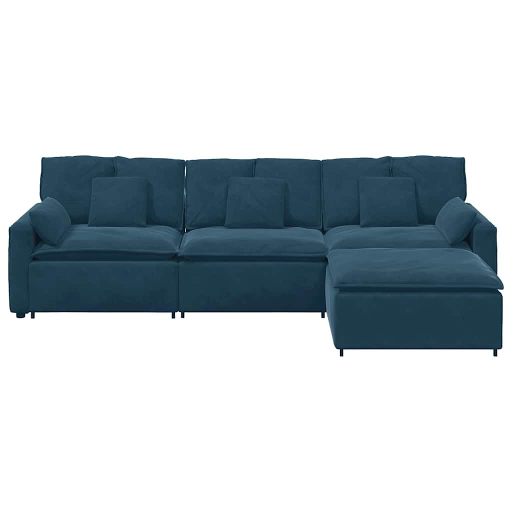 Sofá modular con reposapiés y cojín, marco de metal de terciopelo azul, 324 x 205 x 64 cm, 4 piezas, sofá de 4 piezas con esquina acolchada y elemento de asiento para salón, salón, cine en